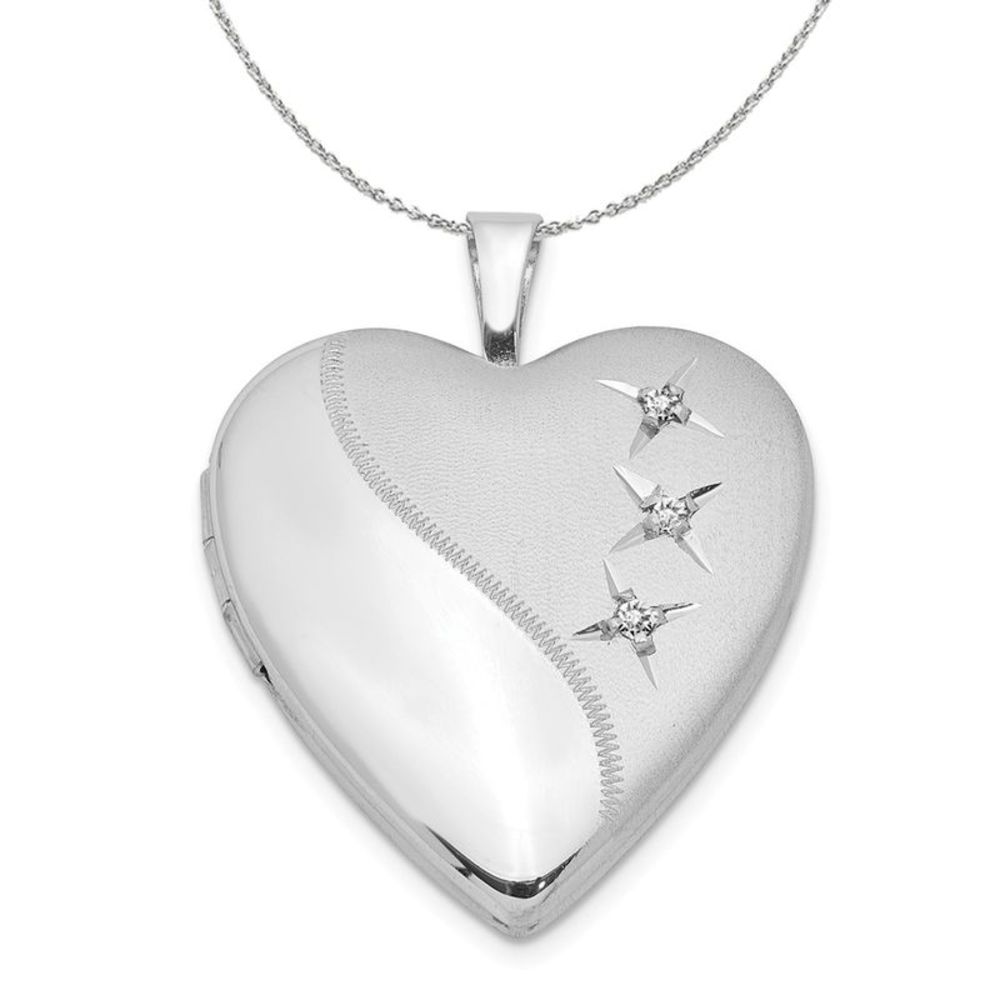 20mm Polished Triple Diamond Heart Silver Locket Necklace - 16 In